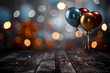 © Irtiko - Stunning balloons floating above a rustic wooden floor with scattered star confetti and bokeh lights, perfect for a vibrant party or festive celebration invitation, capturing joy