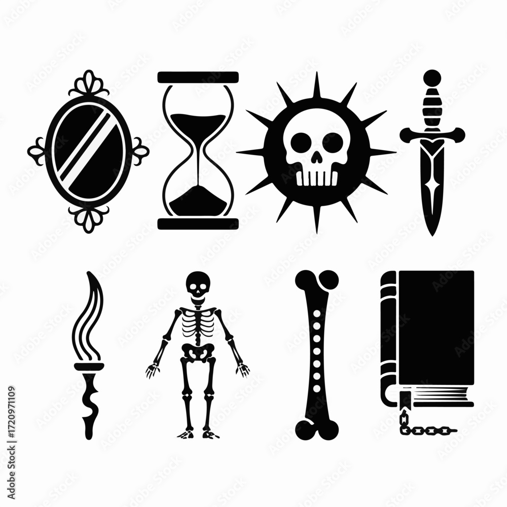 Vector set of mystical symbols and ancient artifacts, including skull ...