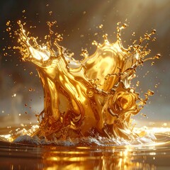 Wall Mural - Golden water splash on black, a liquid gold texture flowing in a splashing pattern