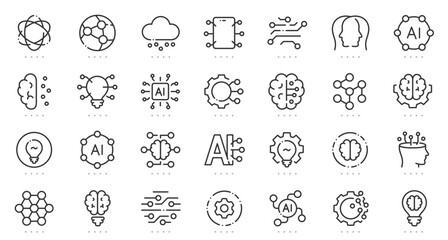 Artificial intelligence icons with brain, neural network, chip, cloud computing, machine learning, innovation, automation, and digital technology symbols