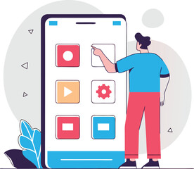 Man interacting with smartphone apps interface vector illustration scalable eps illustration