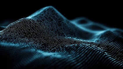 A mesmerizing display of digital waves, featuring a dark background and a captivating array of glowing teal dots creating a dynamic, three-dimensional effect.