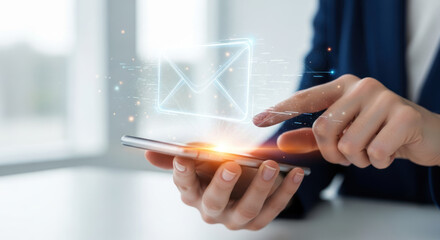 A person's hand using a smartphone to access and interact with a digital email icon.