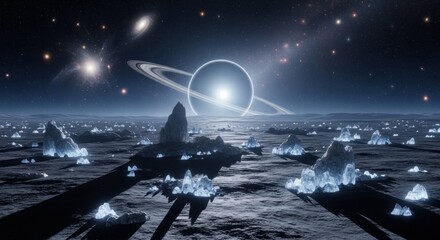 Wall Mural - Alien planet view with Saturn-like ringed planet, ice formations and starry night