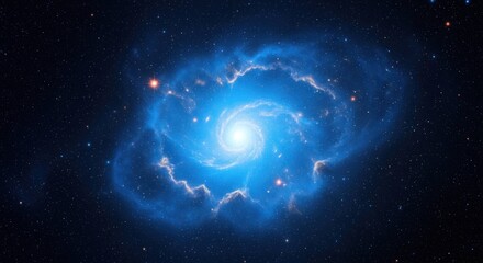 Wall Mural - Bright blue spiral galaxy with swirling arms amid a dark starry background