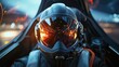 © backup_studio - Pilot in a sleek cockpit wearing a futuristic helmet, ready for takeoff amidst vibrant lights and a high-tech environment