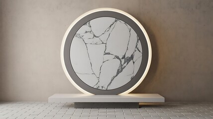 Modern marble circle decoration with glowing light on wall interior background
