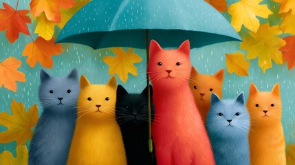 Naklejka na meble A group of cute cats standing under an umbrella in the autumn rain