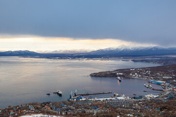 Wall Mural - above view of port petropavlovsk-kamchatsky city