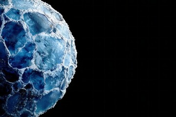 Wall Mural - A blue sphere with ice on it. The sphere is surrounded by a black background. The blue color of the sphere and the ice gives a sense of coldness and emptiness
