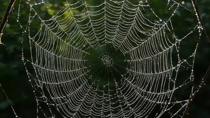 Delicate spider web glistening with morning dew, a natural masterpiece in the forest
