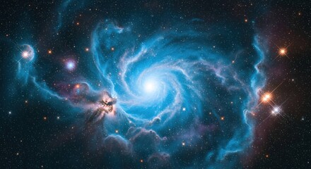 Wall Mural - Swirling blue galaxy in starry night, swirling nebulae & bright core