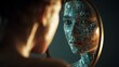 © Natalie - Surreal conceptual illustration of a human looking into a mirror with a digital AI reflection. Futuristic metaphor of identity, self-perception, technology and artificial intelligence.