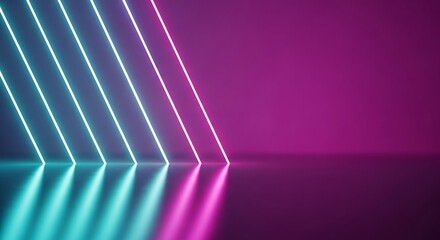 Canvas Print - Neon Light Lines Reflecting on a Glossy Floor with Purple Background abstract bright