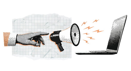 Amplify your message online with a striking megaphone and laptop graphic, perfect for marketing campaigns and digital announcements, be heard now