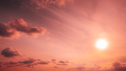 Wall Mural - Sunset Time Lapse Time-lapse In Yellow, Orange Colors. Sunrays In Dramatic Sky. Sunset Sky Natural Background. 4k Sunset Cloudy Sky With Fluffy Clouds. Saturated Yellow Colors Of Sky Clouds