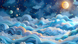 an art illustration of a full moon and clouds in the night sky, abstract space background, blue sky with clouds, blue sky with space, the sun and the moon, moon and stars, night sky with moon