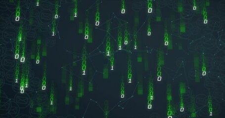 Wall Mural - Green binary digits initiating cascade downward over navy network grid, showing digital data flow