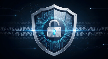 Cyber Shield: A modern shield, embodying robust protection, features a prominent lock, signifying cyber security, with an intricate circuit board design.