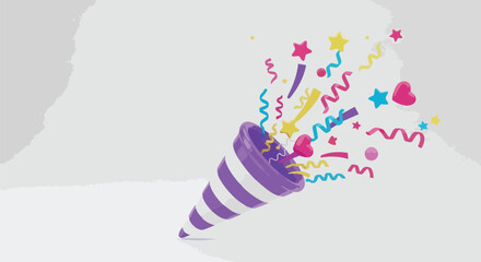 A 3D rendering of a party popper exploding with colorful confetti and decorations.