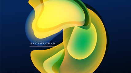 Wall Mural - Abstract fluid shapes blend, creating vibrant yellow, green hues. Dark background emphasizes flowing design elements. Modern, dynamic composition.