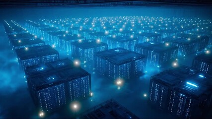 Vast array of glowing blue cubes in a gridlike pattern some with bright light sources at corners and edges illuminated in blue hue