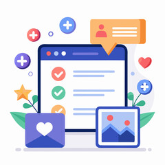 Digital interface with social media icons and content elements for online engagement