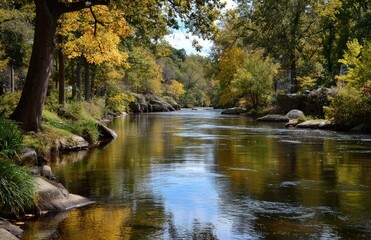  Autumnal riverbanks, calm water, fall foliage
