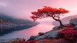 © 0712 - A solitary, vibrant red tree stands sentinel over a serene lake at dawn, bathed in soft pink light.