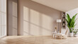 © LEKSTOCK 3D - Scandinavian style living room with wooden armchair and empty wall mockup..3d render