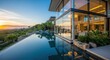 © nia - Luxury villa with infinity pool overlooking tropical landscape at sunset showcasing architectural