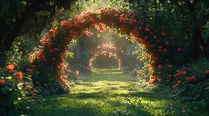 Wall Mural - Enchanting floral pathway serene garden nature photography lush environment sunrise view tranquil concept