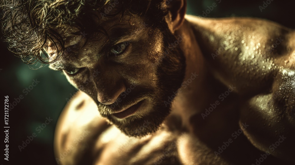 Leaning forward with strained muscles, aggressive posture expresses ...