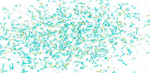 High-resolution image of teal and gold confetti exploding on white background. Perfect for celebrations, parties, and festive designs.