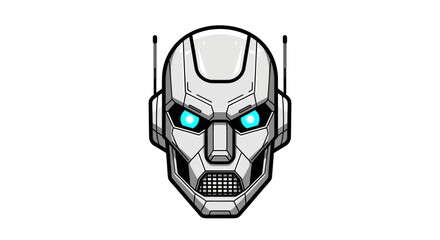 Futuristic robotic head with glowing blue eyes, chrome finish and antenna design element conveys