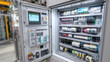 © valeo5 - high-resolution shot of an open electrical control cabinet in a factory. It displays a complex network of wires, circuit breakers, switches, and a digital control screen, all essential for automation