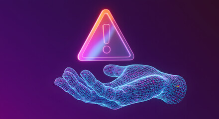 Warning, attention symbol with exclamation mark in the triangle on the abstract human hand made with atom array and plexus effect