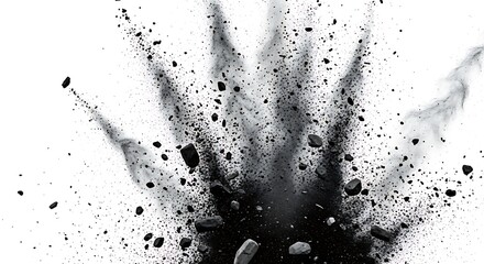 A dynamic display of black particles exploding outward against a pure white background.