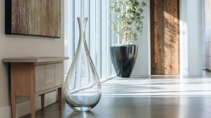 Wall Mural - Modern interior with elegant glass vase and stylish furniture by sunlit window