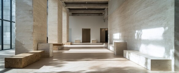 Wall Mural - Modern architectural interior with stone design, natural light, and minimalistic style