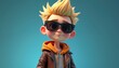 © Vadym - 3D cartoon boy character with spiky blonde hair wears sunglasses, brown leather jacket over orange hoodie. Playful, confident expression, stands against solid blue background, exuding cool, fun vibes.