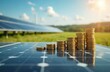 © Vadym - Stacks of gold coins arranged on solar panel, with solar farm, green fields in background. Represents economic growth, investment in renewable energy, financial gains from sustainable power.