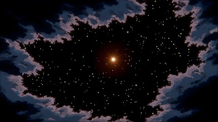 Wall Mural - distant mysterious glowing light emerging in black cosmic void, seen from spaceship window, surreal and hypnotic aura, conceptual anime art