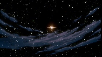 Wall Mural - distant mysterious glowing light emerging in black cosmic void, seen from spaceship window, surreal and hypnotic aura, conceptual anime art
