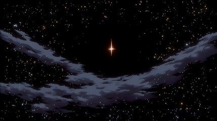 Wall Mural - distant mysterious glowing light emerging in black cosmic void, seen from spaceship window, surreal and hypnotic aura, conceptual anime art