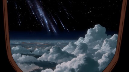 Wall Mural - distant mysterious glowing light emerging in black cosmic void, seen from spaceship window, surreal and hypnotic aura, conceptual anime art