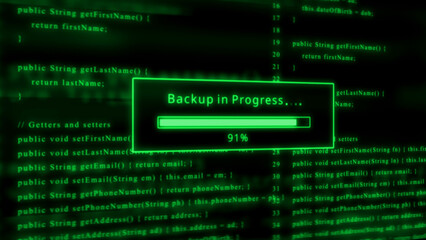 Green computer code with backup progress bar at 91 percent Keywords: computer code, programming, coding, software, data, backup, progress, loading, bar, screen, digital, technology, information