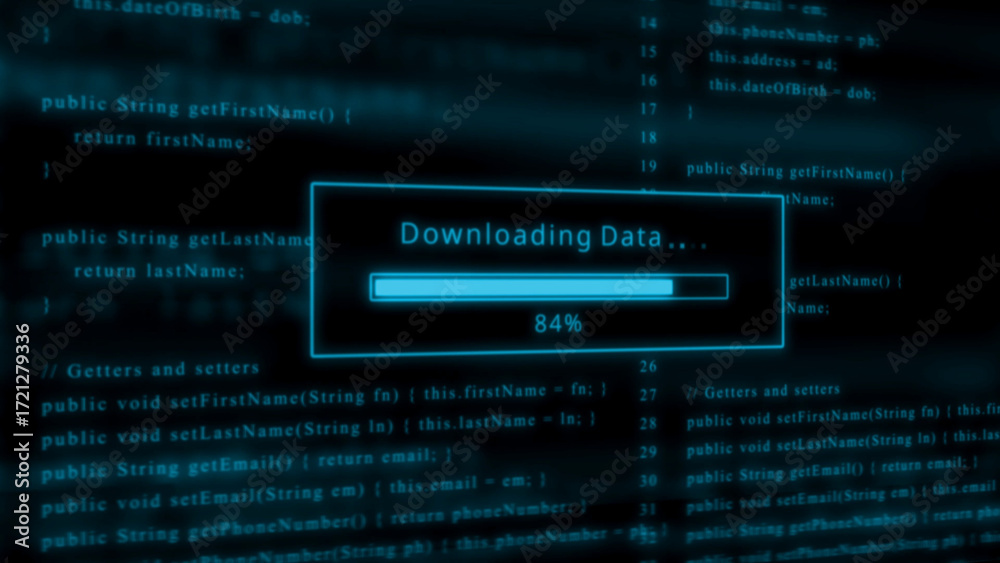 Blue progress bar indicates downloading data at 84 percent with a ...