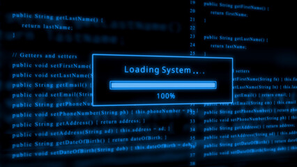 System loading progress bar at 100 percent on a dark blue digital code background complete computer code
