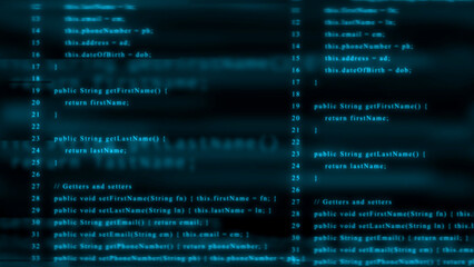 Symmetrical Cyan Code on a Dark Blurred Background with Green Tints programming software